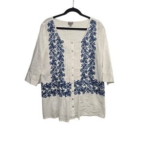 J Jill White Blue Embroidered Tunic Blouse Cotton Boho Cottagecore Coastal L‎